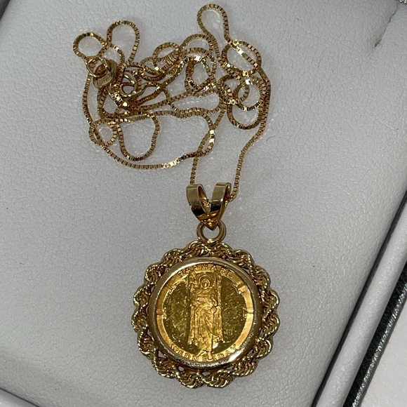 Solid 24K Yellow Gold Coin Raphael Angel & 14K Bezel Pendant Neck Chain Necklace - Picture 11 of 15